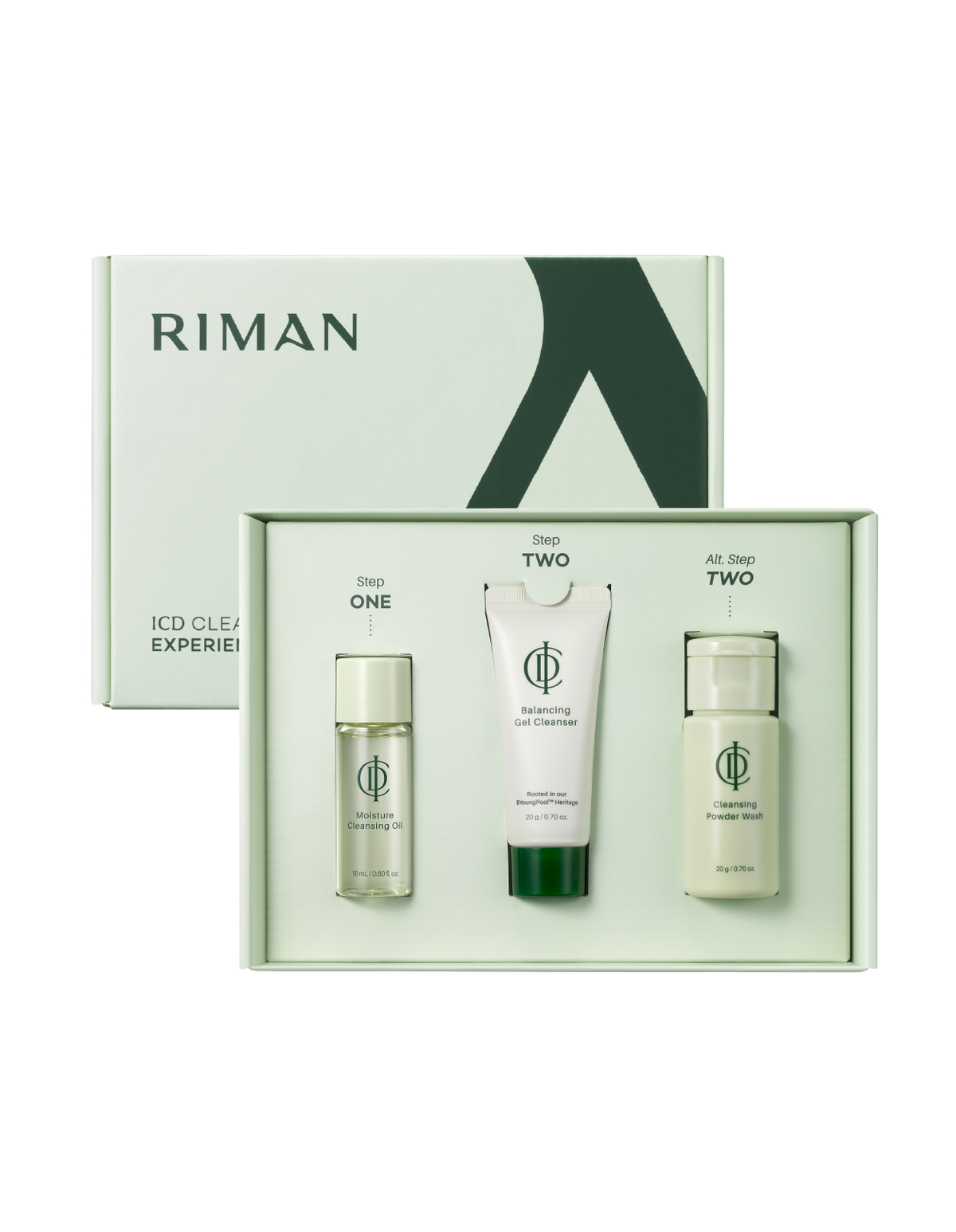 Riman ICD Cleansing Experience Kit - 3-Piece K-Beauty Double-Cleanse Travel Set with Moisture Oil, Balancing Gel, and Powder Wash