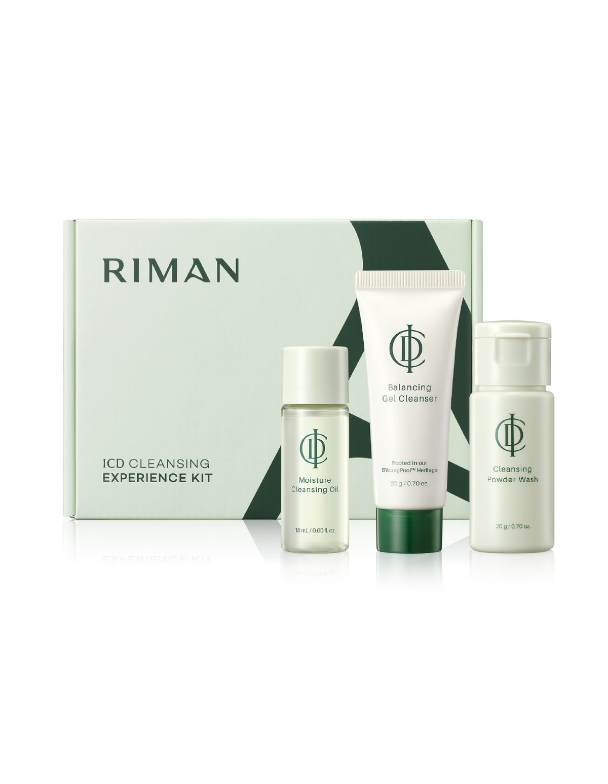 Riman ICD Cleansing Experience Kit - 3-Piece K-Beauty Double-Cleanse Travel Set with Moisture Oil, Balancing Gel, and Powder Wash