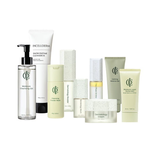 Our signature solution to radiant, glowing skin.  1 Moisture Cleansing Oil 1 Snow Enzyme Cleanser EX 1 Cleansing Powder Wash 1 Calming Balance Gel 1 Two-Phase Oil Mist 1 Dermatology First Package 1 Dermatology Cream 1 Moisture Layer Sunscreen
